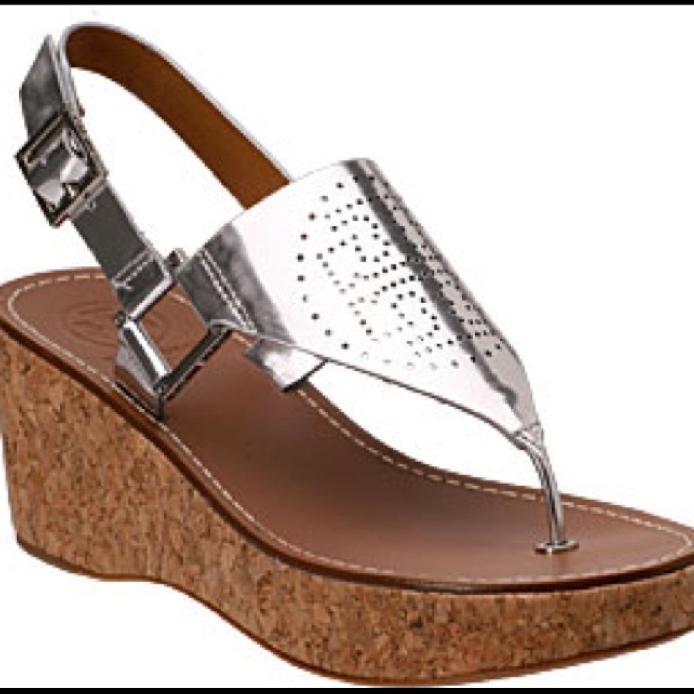 Tory Burch Silver Metallic Cork Wedge Sandals